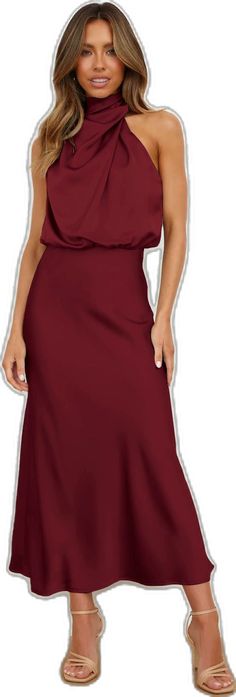 Elegant High Neck Sleeveless Formal Dress, Satin Halter Neck Sleeveless Dress For Prom, Elegant Solid Color Formal Skirt, Elegant Solid Color Prom Dress, Elegant Formal Skirt Solid Color, Elegant Formal Skirt In Solid Color, Elegant Plain A-line Maxi Dress, Solid Color Satin Midi Dress For Prom, Solid Satin Sleeveless Summer Dress