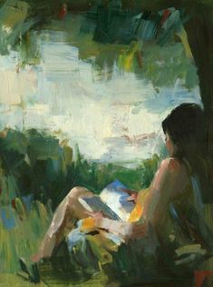 a painting of a woman sitting in the grass reading a book and looking at something