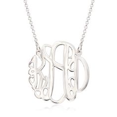 Ross-Simons - Sterling Silver Large Monogram Necklace. 18". An on-trend gift that's always well received. Our sterling silver large monogram pendant is an impressive way to display those three very special initials in elegant round script. Specify three initials and which to center. Pendant cannot be removed from the sterling silver rolo chain. Proudly handcrafted in the USA - custom-crafted in our Rhode Island studios! Lobster clasp, sterling silver monogram necklace. Adjustable Sterling Silver Initials Name Necklace, Personalized Sterling Silver Initial Necklace, Silver Initial Necklace For Mom, Silver Initial Pendant Necklace For Mom, Personalized Sterling Silver White Gold Initial Necklace, Personalized White Gold Sterling Silver Initial Necklace, Silver Initial Necklace Gift For Mom, Personalized Sterling Silver Initial Necklace In White Gold, White Gold Sterling Silver Initial Necklace For Personalized Gift