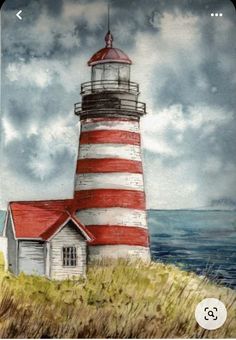 a painting of a red and white lighthouse