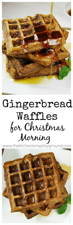 gingerbread waffles for christmas morning with syrup being drizzled on top