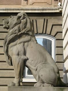 a statue of a lion on the corner of a building with a window in it