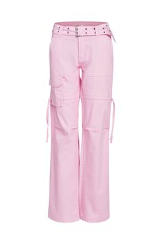 Details Best-selling Naima Cargo Pant is back Baby pink denim jean - Cargo pant style Low-rise waist and relaxed silhouette Double studded belt with silver buckle and eyelets Workable pockets throughout the front and back Featuring workable drawstring at thigh Unlined - This fabric is not sheer Recommended Underwear: Due to the low-mid rise, we recommend wearing this garment with a seamless low-mid brief Size and Fit True to size. We recommend wearing your standard size Low-rise waist - Sits app