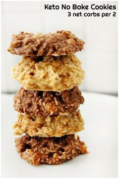 three cookies stacked on top of each other with the words keto no bake cookies 3