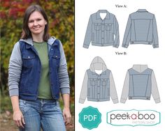 Sew a staple piece for your wardrobe with the Women's Denim Jacket sewing pattern. Choose from a classic denim jacket or a cozy sweatshirt sleeves with an attached hood for a layered look. Learn new skills and create a project you can be proud of!  A complete video tutorial is available at: https://www.youtube.com/watch?v=3b1BZ8cbiFw The Women's Denim Jacket sewing pattern includes the following options: View A: Traditional denim jacket with woven sleeves and a collar View B: Denim jacket with k Denim Jacket Sewing Pattern, Denim Jacket Pattern, Denim Jacket With Hoodie, Jacket Sewing Pattern, Jacket Sewing, Learn New Skills, Jacket Pattern Sewing, Classic Denim Jacket, Denim Patterns