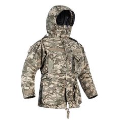 a camo jacket with hood and zippers