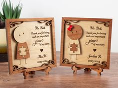 two personalized wooden frames with an image of a man and woman on each side