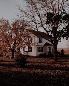 a large white house sitting in the middle of a leaf covered field next to trees