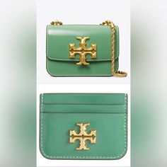 ***Rare Tory Burch Items ***Sold Out Everywhere Color: Patina Against The Clean Lines Of A Box Bag, The Bold Curves Of Sculptural Hardware. Our Eleanor Small Bag Is Made Of Leather With Hand-Painted Edges. A Jewel Of Craftsmanship, Designed To Carry With Ease. Wear The Twisted Rope Chain Over The Shoulder Or Crossbody. * Height: 5.3" (13.5cm); Length: 7.5" (19cm); Depth: 2.8" (7cm) * Patent Leather; Leather Trim * Brass Hardware * Flap With Magnetic Snap Closure * Convertible Rope Chain Shoulder Luxury Crossbody Shoulder Bag With Card Slots, Luxury Shoulder Bag With Card Slots For Gift, Luxury Tan Rectangular Wallet On Chain, Luxury Rectangular Tan Wallet On Chain, Designer Green Bag With Card Slots, Classic Tan Bag With Card Slots, Designer Green Bags With Card Slots, Luxury Tan Wallet On Chain For Formal Occasions, Formal Tan Rectangular Wallet On Chain