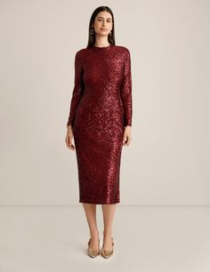 Anne Klein Red Ruby Long Sleeve Mock Neck Fitted Midi Dress - Sale Long Sleeve Contrast Sequin Dress For Holiday Party, Long Sleeve Sequin Midi Cocktail Dress, Cocktail Midi Dress With Sequins And Long Sleeves, Festive Sequined Midi Dress, Red Carpet Holiday Dresses With Long Sleeves, Holiday Long Sleeve Sequin Midi Dress, Long Sleeve Sequin Midi Dress For Holidays, Formal Long Sleeve Sequined Midi Dress, Red Carpet Dresses With Contrast Sequin For Party Season