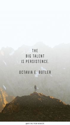 a person standing on top of a mountain with the words, the big talent is presence