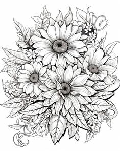 a bouquet of flowers with leaves and swirls in black and white on a white background