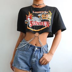 Loveway Printed Crop Top with Chains Korean Punk Short Sleeve Tshirt Streetwear L0065 Shirt With Chains, Unique Crop Tops, Punk Shorts, Baby Dior, Kleidung Diy, Y2k Aesthetic Outfits, Ropa Diy, Stil Inspiration, Indie Outfits