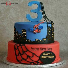 a spiderman birthday cake with the number three on it