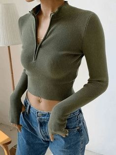 Quarter Zip Crop Rib Knit Sweater - AnotherChill College Fits, Estilo Hippie, Cropped Pullover, Zippered Sweater, Cooler Look, Ribbed Knit Sweater, Looks Chic, Knitting Women Sweater, Solid Clothes