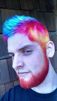 Rainbow Dyed Beard, Merman Hair, Hair Color Ideas For Men, Silly Clown, White Hair Men, Dimensional Hair, Clown Hair, Men Beards, Modern Short Hairstyles