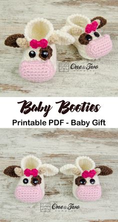 baby booties crochet pattern with pink and brown bow on the top, two pictures