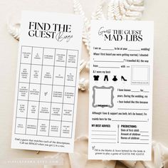 two printable game cards with the words find the guest and mad libs on them