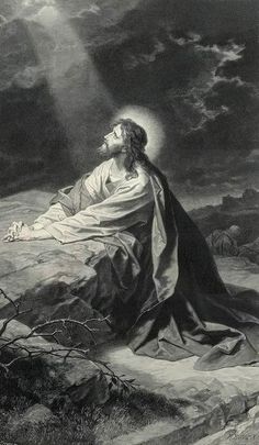 jesus in the desert with his arms spread out, looking up at the sky and clouds