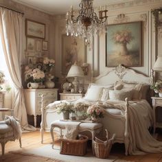 a bedroom with white furniture and flowers on the bed, chandelier hanging from the ceiling