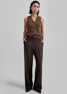 Nisha Pintuck Trousers - Brown Flat Front Bottoms For Workwear In Fall, Casual Brown Bottoms For Semi-formal Occasions, Office Flat Front Bottoms With Pockets, Elegant Brown Pants With Button Closure, Brown Work Pants With Flap Pockets, Semi-formal Brown Bottoms With Pockets, Brown Workwear Bottoms With Flap Pockets, Versatile Brown Pants For Workwear, Chic Tailored Bottoms With Flat Front