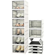 three shelves filled with different types of shoes and one is open to show the inside