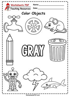 worksheet for teaching about color objects and their names in the word gray, with pictures