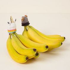 three bunches of bananas with one wearing a knitted hat and the other holding a stuffed animal