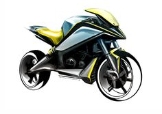 an artistic rendering of a motorcycle on a white background with black and yellow accents,