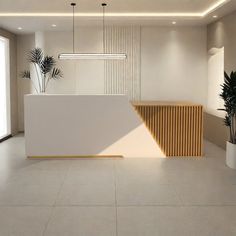 an empty room with white walls and plants in the corner on either side of the counter