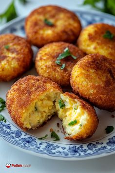 some fried food on a blue and white plate with green garnish around it