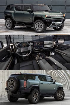 four different views of the interior and dashboard of a jeep, including an suv with its door open