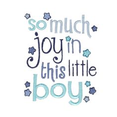 the words so much joy in this little boy are written with blue and silver stars