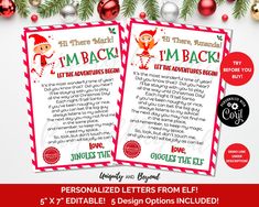 two christmas elf lettered letters with ornaments on the background and below it is an image of