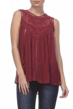 Lace Detail Bohemian Top in Three Colors Sense And Sensibility, Bohemian Top, Romantic Tops, Bohemian Tops, Lace Insert, Three Color, Wine Red, Lace Detail, Bohemian Style