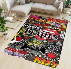 a living room area rug with various stickers on it