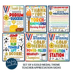 set of 6 gold medal themed teacher appreciation signs for kids to use in their classroom