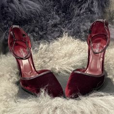 Size 10 1/2 Burgundy Velvet With Leather Strap Closed Toe With Thick Heel Beautiful Piece In Great Condition Dark Red Heels, Calvin Klein Collection, Burgundy Velvet, Thick Heel, Red Heels, Thick Heels, Womens Calvin Klein, Shoes Women Heels, Leather Straps