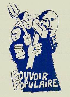 a blue and white poster with two men holding pitchforks in their hands, the words pouvoir popularaire written below