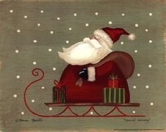 a painting of santa claus on a sleigh with presents