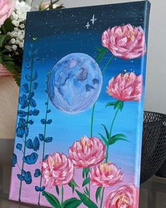 an acrylic painting of pink flowers with a full moon in the background