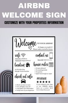 an airbn welcome sign with the words welcome to your property information on it and two vases next to it