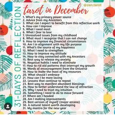 a list with the words tarot in december on it and christmas decorations around it