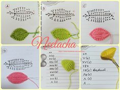 crocheted leaves are shown in four different colors, and each has the same pattern