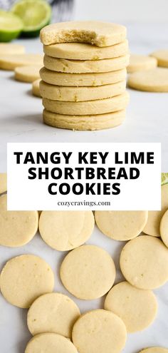 a stack of shortbread cookies with the words tangy key lime shortbread cookies