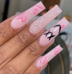 Nail Designs Fairycore, Bling Medium Acrylic Nails, Acrylic Nails For Senior Pictures, White Birthday Nails Coffin Medium, Long Square Acrylic Nails Designs Pink, White And Pink Birthday Nails, Birthday Nail Ideas Coffin, Birthday Set Nails Medium, Loser Lover Nails