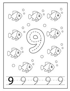 the number nine with fish and bubbles worksheet