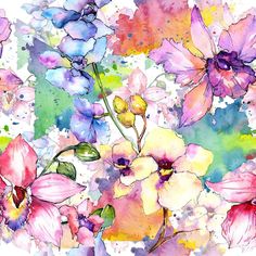 watercolor painting of flowers on a white background with purple, yellow and pink colors