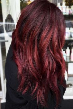 Modern Red Hair Color, Red On Red Highlights, Multiple Red Hair Color, Dark Red Hair With Lowlights, Red Hair Colors For Fall, Cool Reds Haircolor, Fall Dark Red Hair, True Red Hair Color, Red Hair With Dark Lowlights