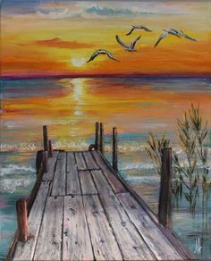 a painting of birds flying over a pier at sunset with the sun in the distance